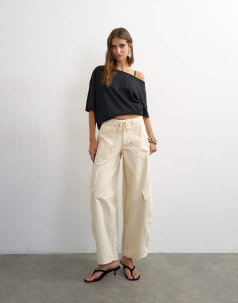 Topshop tie waist cargo pants in ecru - view 1