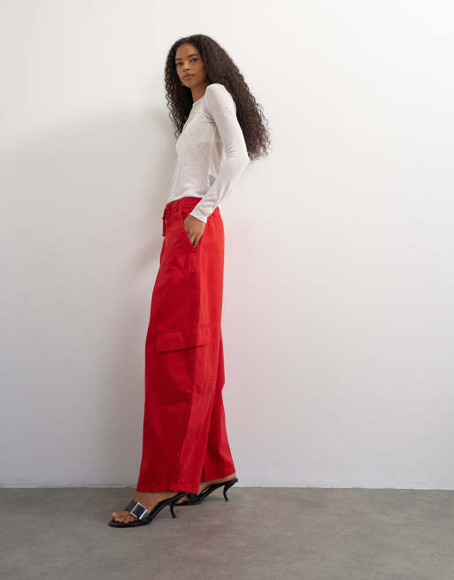 Topshop tie waist cargo trouser in red, 2 of 5