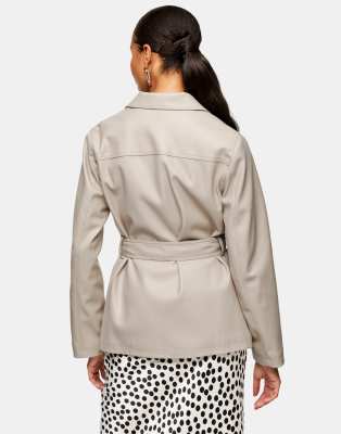 ecru faux leather tie shacket