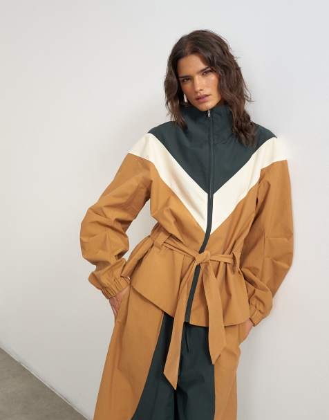 Topshop tie waist funnel neck bomber in brown and black - view 1