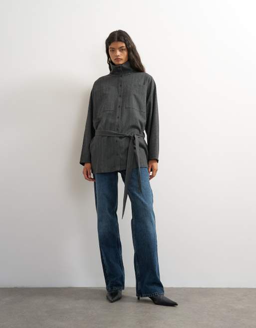 Topshop tie waist funnel neck shirt in grey pinstripe, 2 of 4