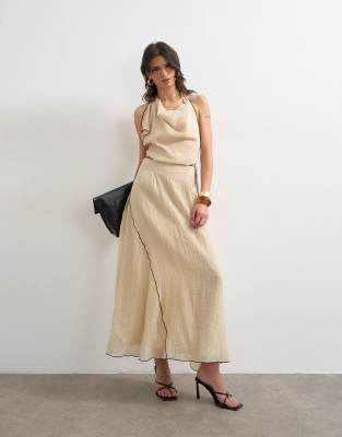 Topshop Tie Waist Halter Neck Maxi Dress With Contrast Trim In White