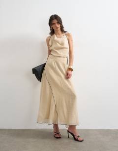 Tie waist halter neck maxi dress with contrast trim in ecru