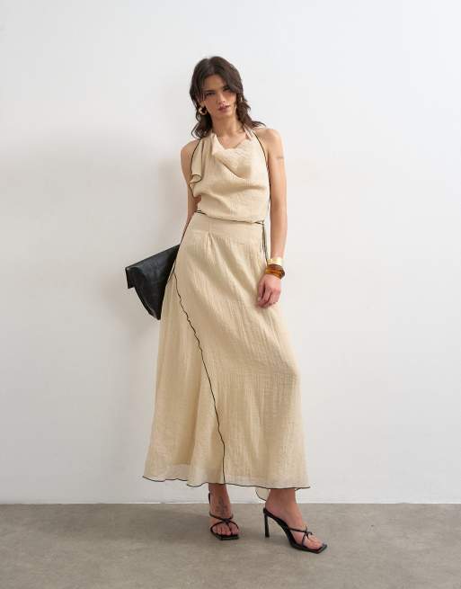 Topshop tie waist halter neck maxi dress with contrast trim in ecru-White