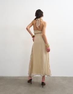Model wearing Tie waist halter neck maxi dress with contrast trim in ecru