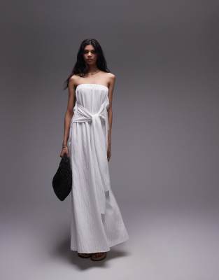 Topshop Tie Waist Maxi Bandeau Dress In White Stripe