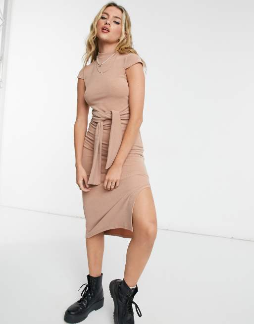 Topshop tie waist midi dress in beige