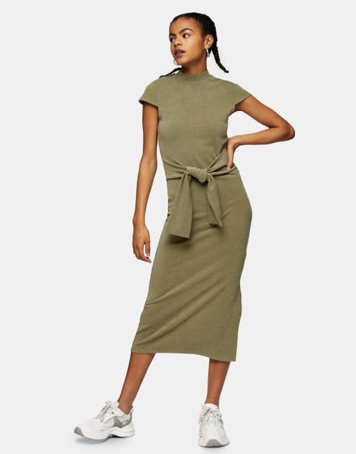 Topshop tie waist midi dress in khaki