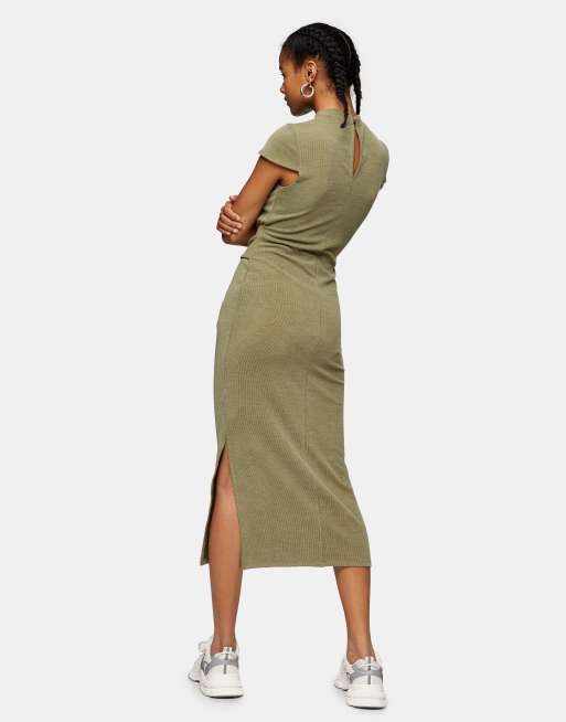 Topshop tie waist midi dress in khaki