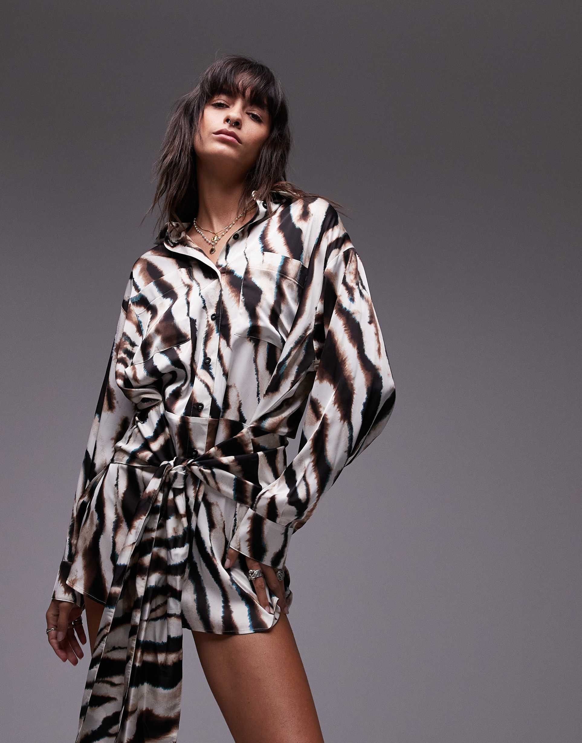 topshop tie waist mini shirt dress in blurred animal