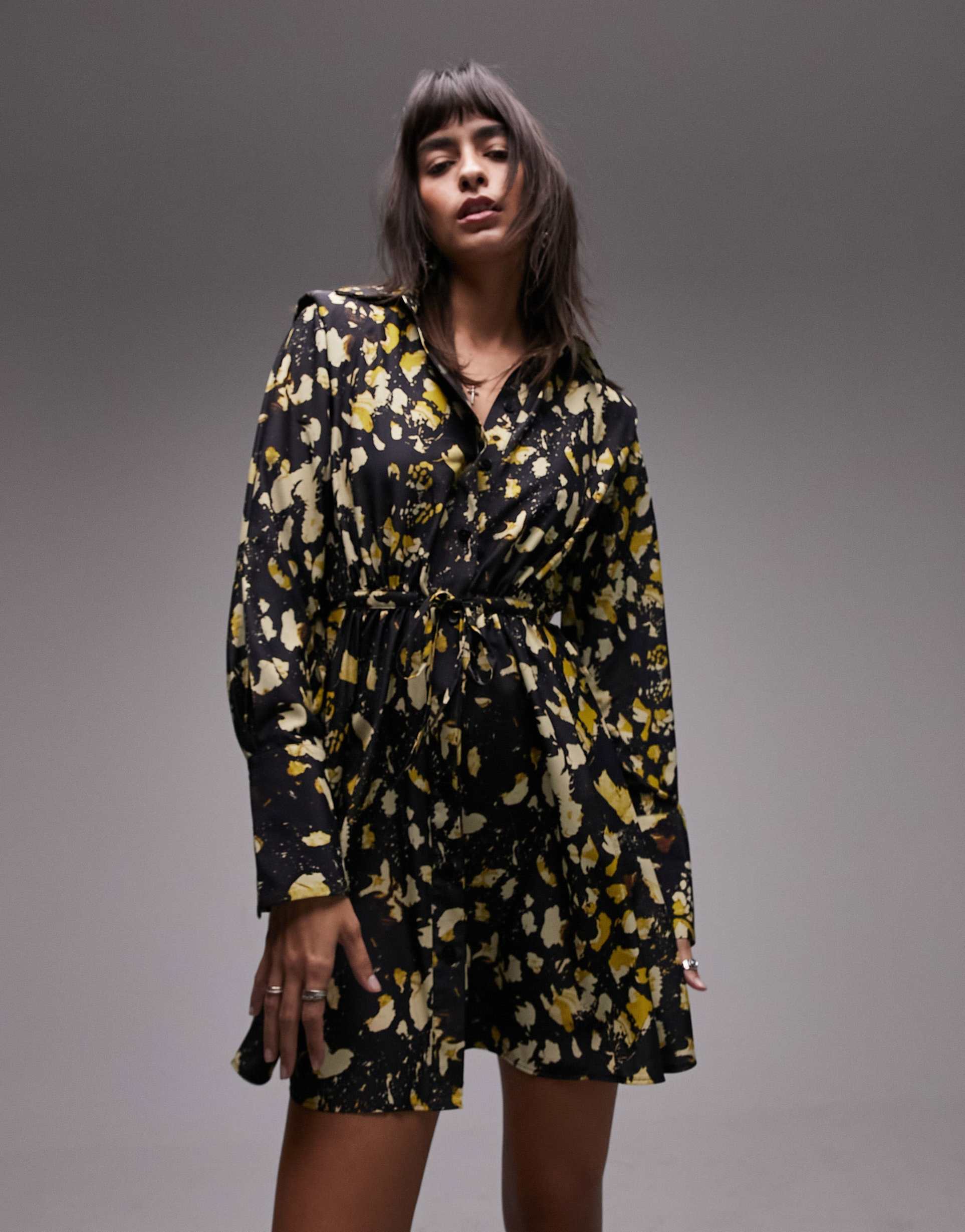 topshop tie waist mini shirt dress in green animal print