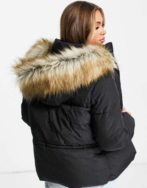 Faux fur hooded store puffer jacket topshop