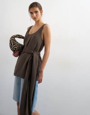 Topshop Tie Waist Scoop Cami In Brown