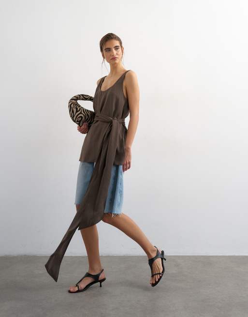 Topshop tie waist scoop cami in chocolate, 3 of 4