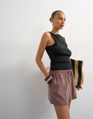 Topshop Tie Waist Seam Detail Shorts In Brown