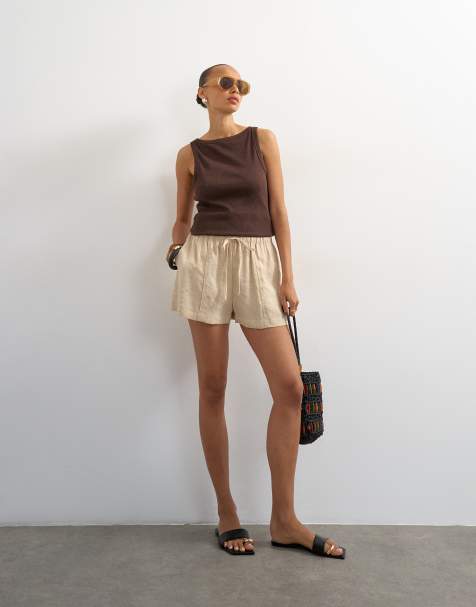 Topshop tie waist seam detail shorts in stone - view 1