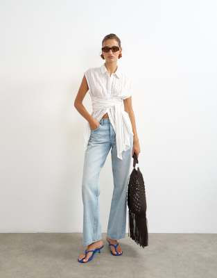 Topshop Tie Waist Sleeveless Shirt In White