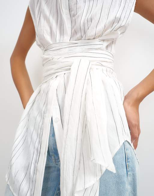 Topshop tie waist sleeveless shirt in white stripe, 3 of 4