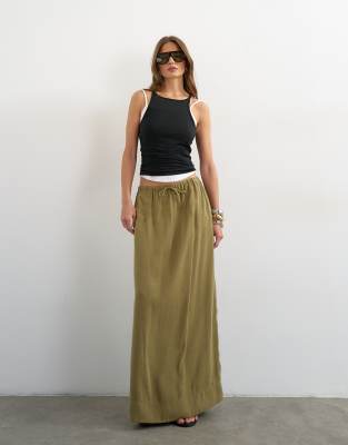 Tie waist slouchy slim maxi skirt in olive