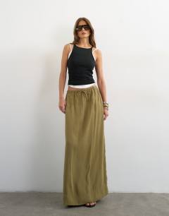 Tie waist slouchy slim maxi skirt in olive