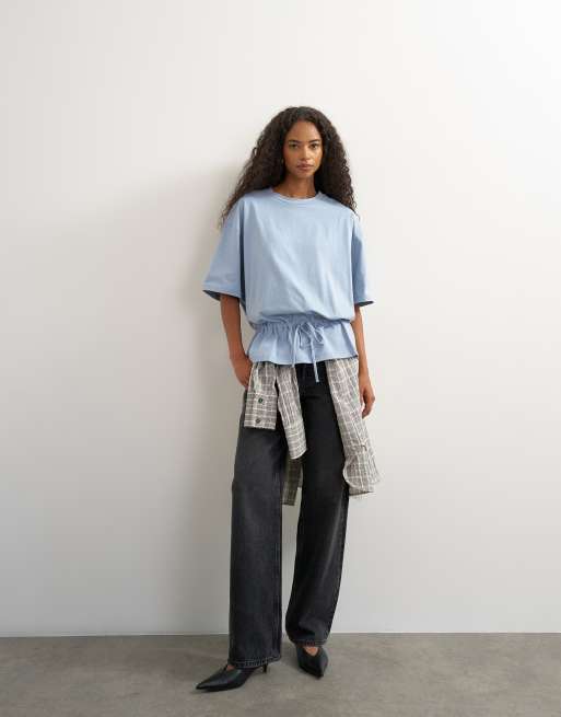 Topshop tie waist tee in dusty blue, 3 of 4