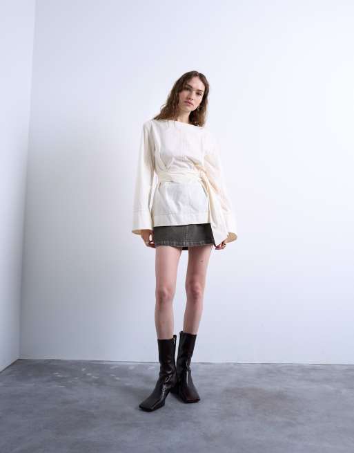 Topshop tie waist top in ecru