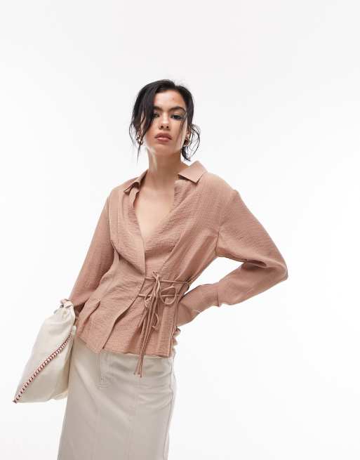 Topshop tie waist top in taupe | ASOS