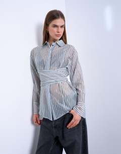 Tie waisted sheer shirt in blue stripe
