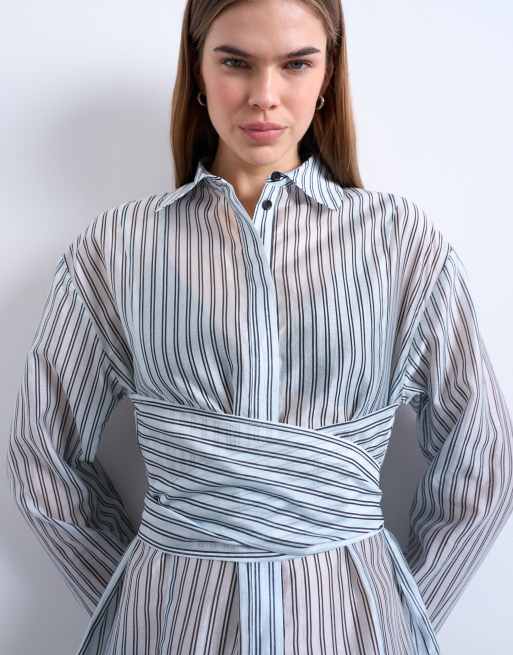 Topshop tie waisted sheer shirt in blue stripe, 2 of 4