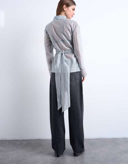 Topshop tie waisted sheer shirt in blue stripe, 3 of 4