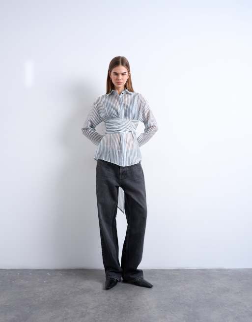 Topshop tie waisted sheer shirt in blue stripe, 4 of 4