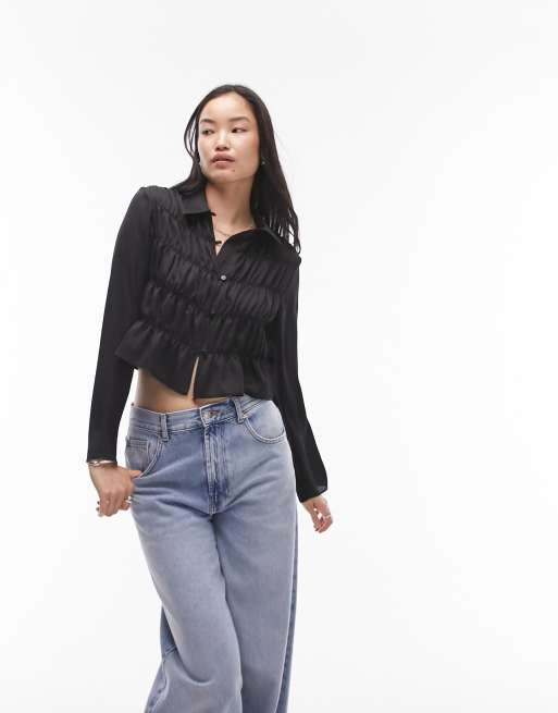 Topshop tier ruched front short shirt in black