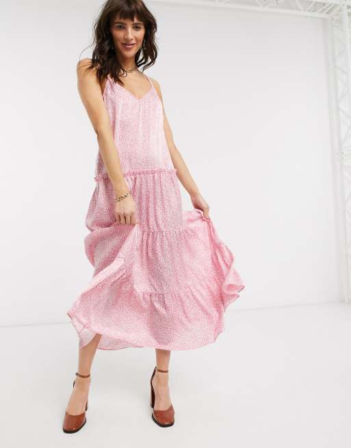 tiered cami midi dress in pink floral ASOS
