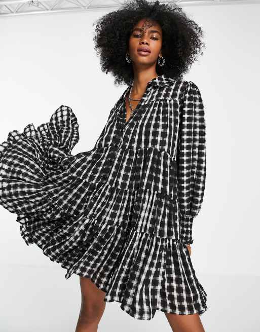 Topshop tiered chuck on check mini shirt dress in mono
