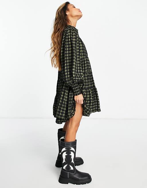 Topshop tiered chuck on check mini shirtdress in khaki Topshop tiered chuck on check mini shirtdress in khaki