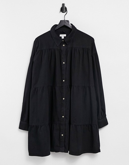 Topshop tiered denim shirt dress in black
