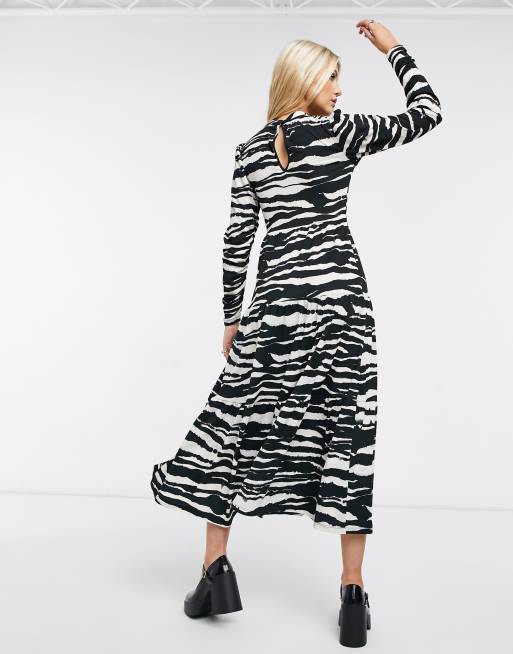 Topshop Tiered Midi Dress In Monochrome Animal Print Asos