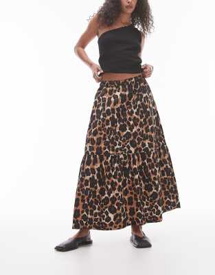 tiered midi skirt in leopard-Brown