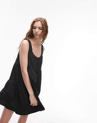 Topshop tiered mini textured dress in black