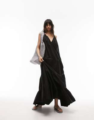 Topshop tiered poplin oversized maxi dress in black