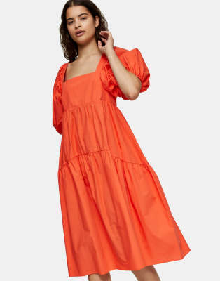 Topshop tiered poplin midi smock dress in orange-White