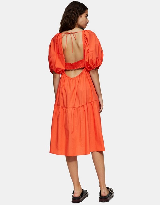 Topshop tiered poplin midi smock dress in orange | ASOS