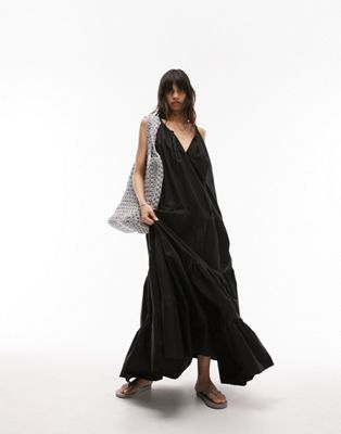Topshop tiered poplin oversized maxi dress in black - ASOS Price Checker