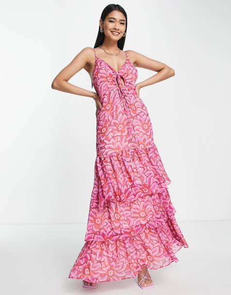 ASOS DESIGN high neck fringe maxi dress in hot pink