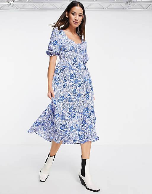 Dresses Topshop tiered shirring midi dress in blue floral 
