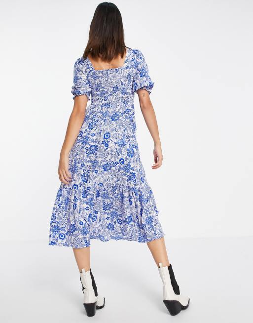 Topshop tiered shirring midi dress in blue floral, 2 of 4