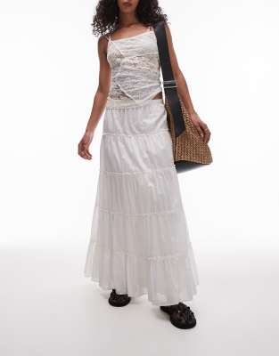 tiered western full maxi skirt in ivory-White