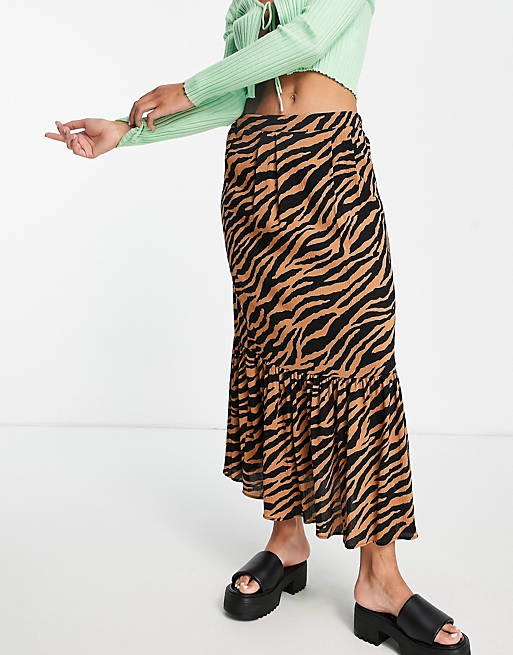 Topshop tiered zebra printed skirt in brown