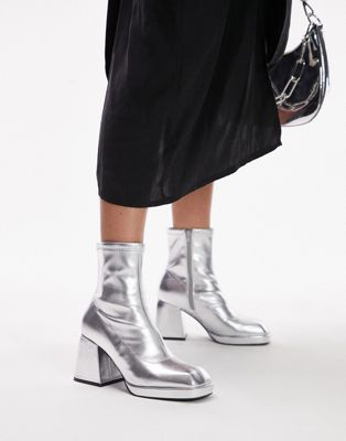 Topshop Tiff block heeled ankle boot in silver
