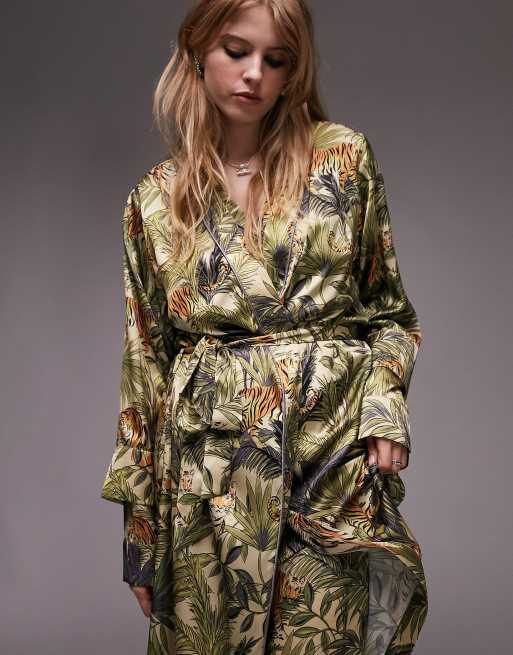 Topshop tiger palm print satin robe in green